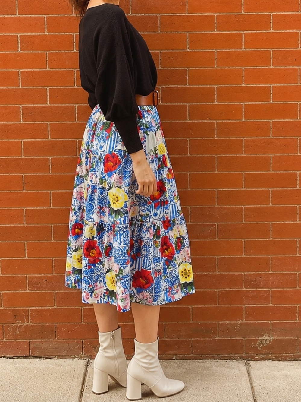 Boston Proper Floral Tile Print Tiered Skirt Size M